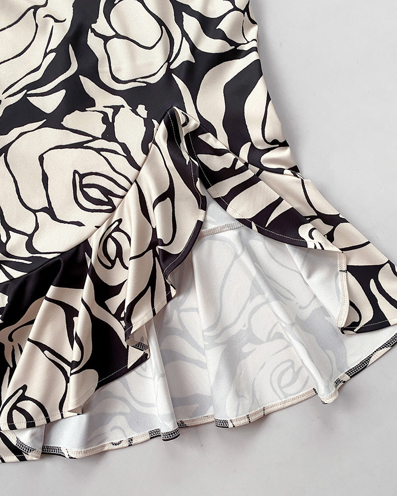 Floral Print Off Shoulder Bodycon Dress Ruffle Hem Slim Fit Dress