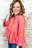 Vitality Orange Plus Size Geometric Embroidered Bell Sleeve Babydoll Blouse