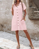 Turn down Collar Short Sleeve Dress Casual Button Dress with Pocket
