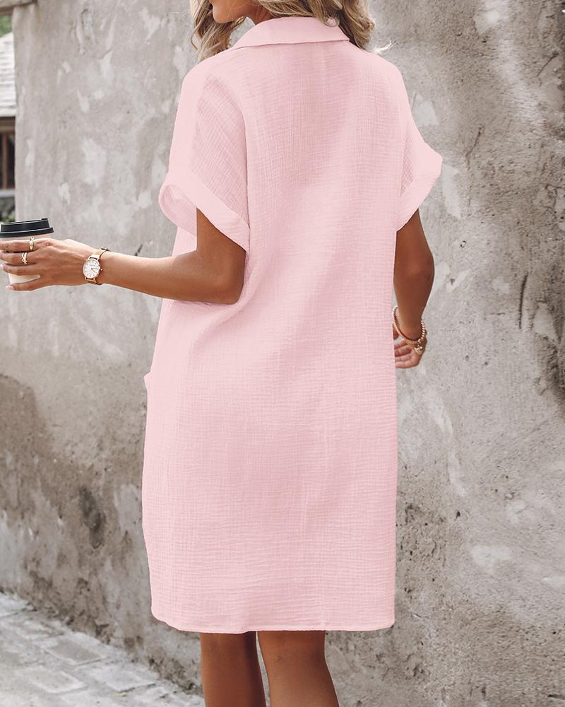 Turn down Collar Short Sleeve Dress Casual Button Dress with Pocket
