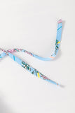 Sky Blue Floral Striped Print Shirred Yoke Split Neck Blouse