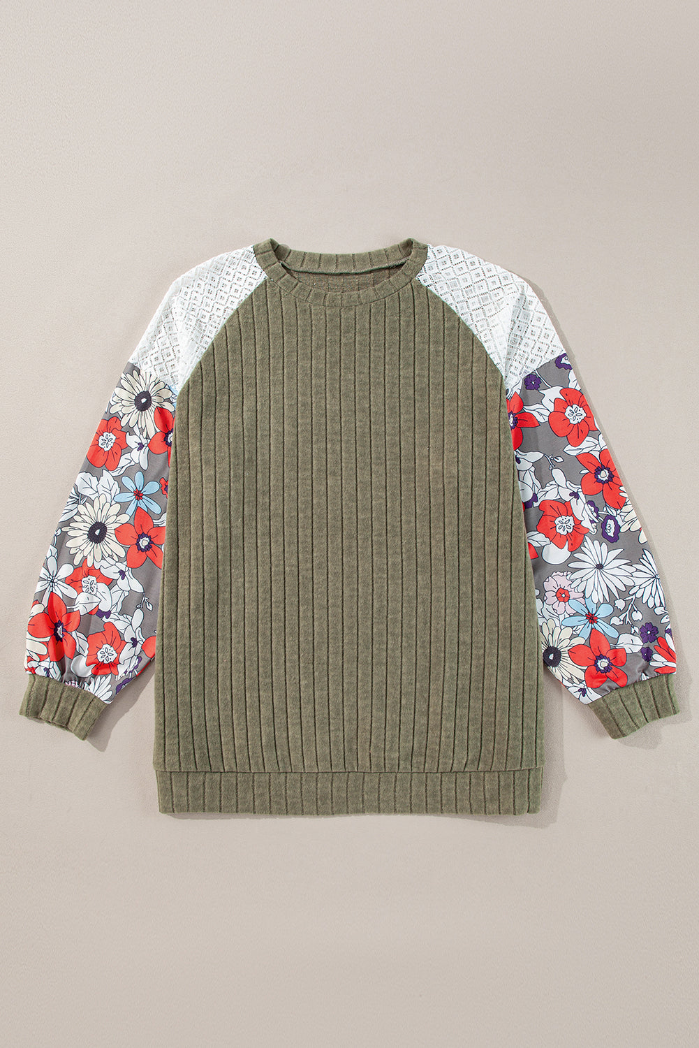 Vineyard Green Plus Size Textured Floral Patchwork Raglan Sleeve Blouse