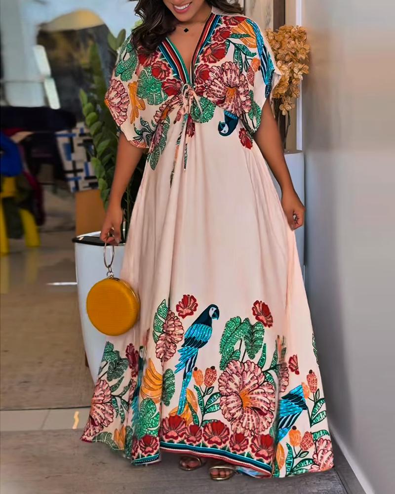 Tropical Print V Neck Short Sleeve Tied Detail Jumpsuit