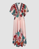 Tropical Print V Neck Short Sleeve Tied Detail Jumpsuit