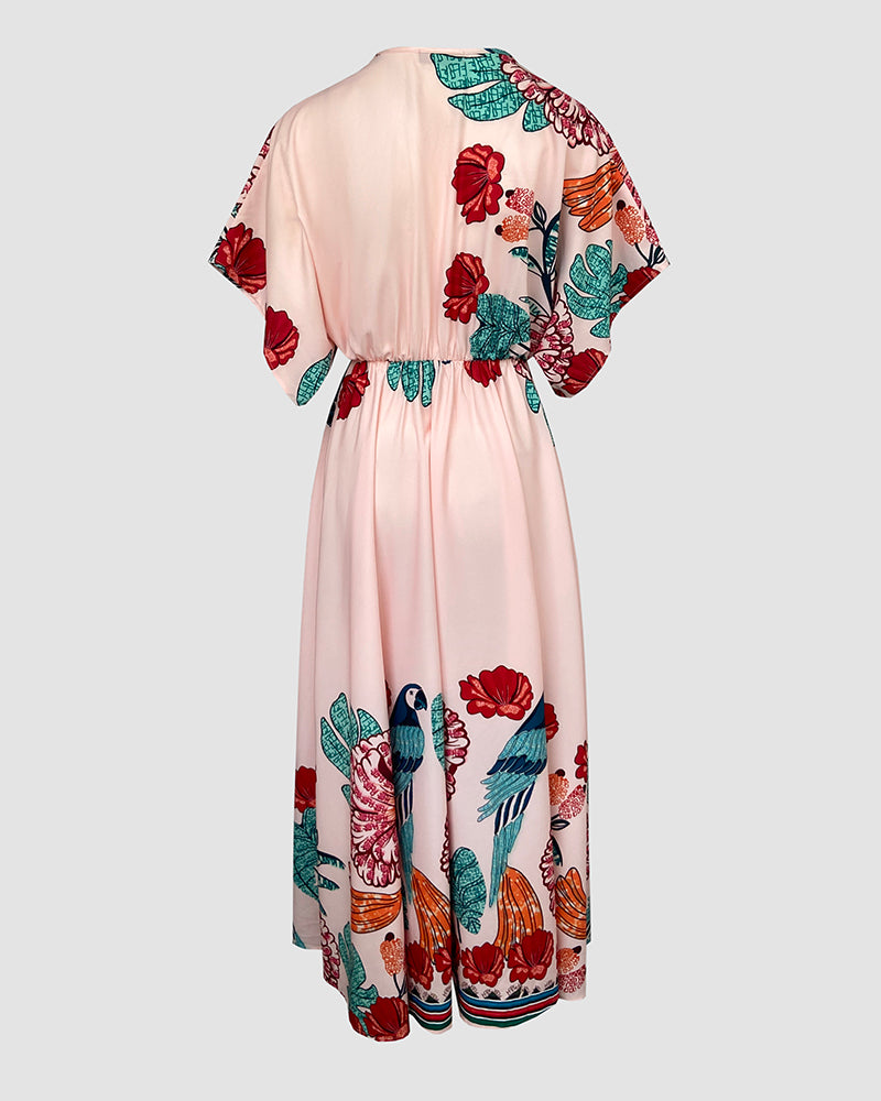 Tropical Print V Neck Short Sleeve Tied Detail Jumpsuit