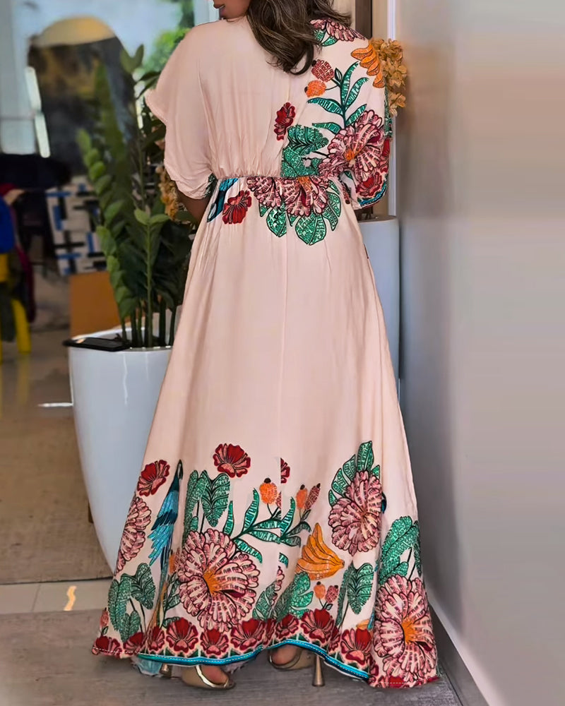 Tropical Print V Neck Short Sleeve Tied Detail Jumpsuit