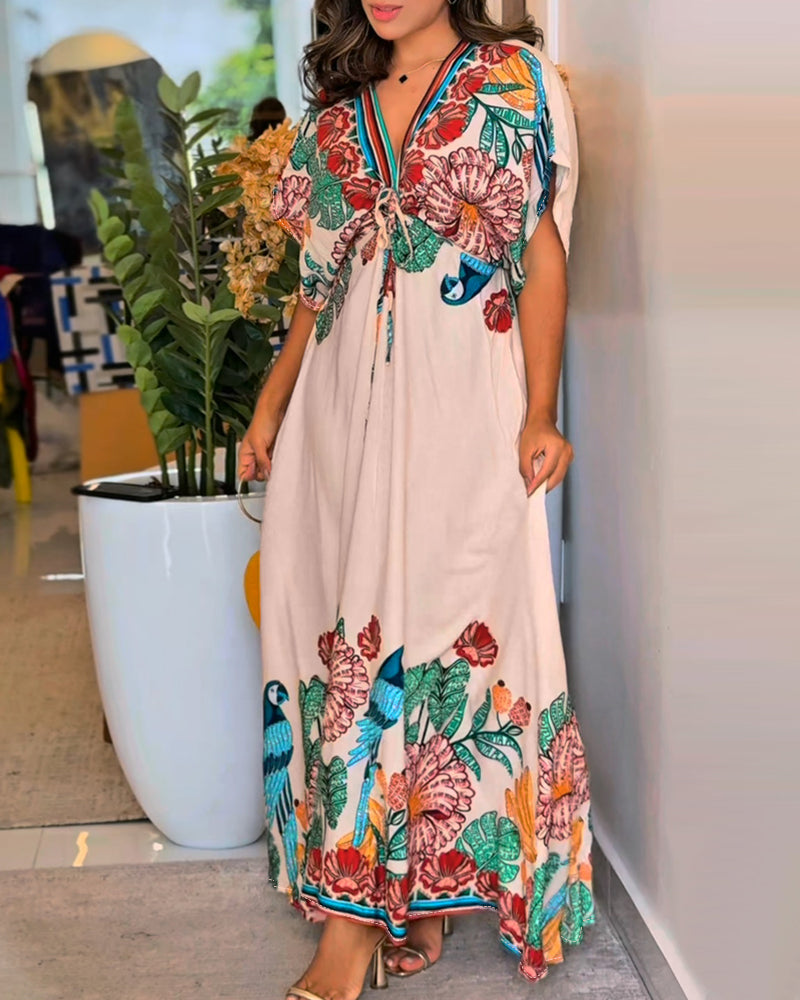 Tropical Print V Neck Short Sleeve Tied Detail Jumpsuit