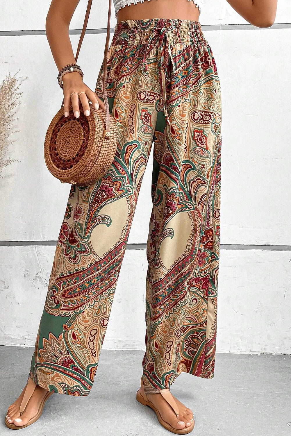 Khaki Paisley Print Boho Elastic Waist Wide Leg Pants