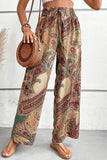 Khaki Paisley Print Boho Elastic Waist Wide Leg Pants