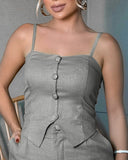 2 Pieces Outfit Spaghetti Strap Button Front Slit Hem Shirred Cami Top and Casual Zipper Fly Elastic Back Waist Slim Fit Shorts Set