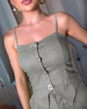 2 Pieces Outfit Spaghetti Strap Button Front Slit Hem Shirred Cami Top and Casual Zipper Fly Elastic Back Waist Slim Fit Shorts Set