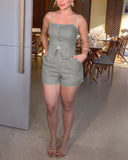 2 Pieces Outfit Spaghetti Strap Button Front Slit Hem Shirred Cami Top and Casual Zipper Fly Elastic Back Waist Slim Fit Shorts Set