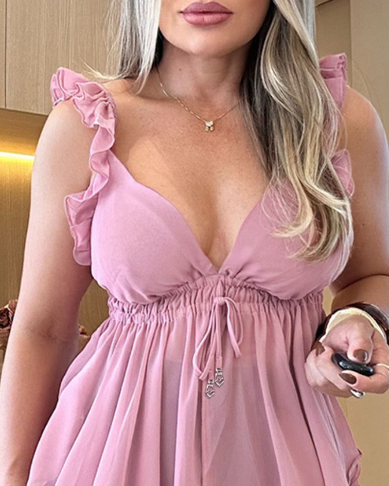 Shoulder Frill Hem Strap Punge V Neck Tank Casual Waist Drawstring Asymmetrical Hem Top