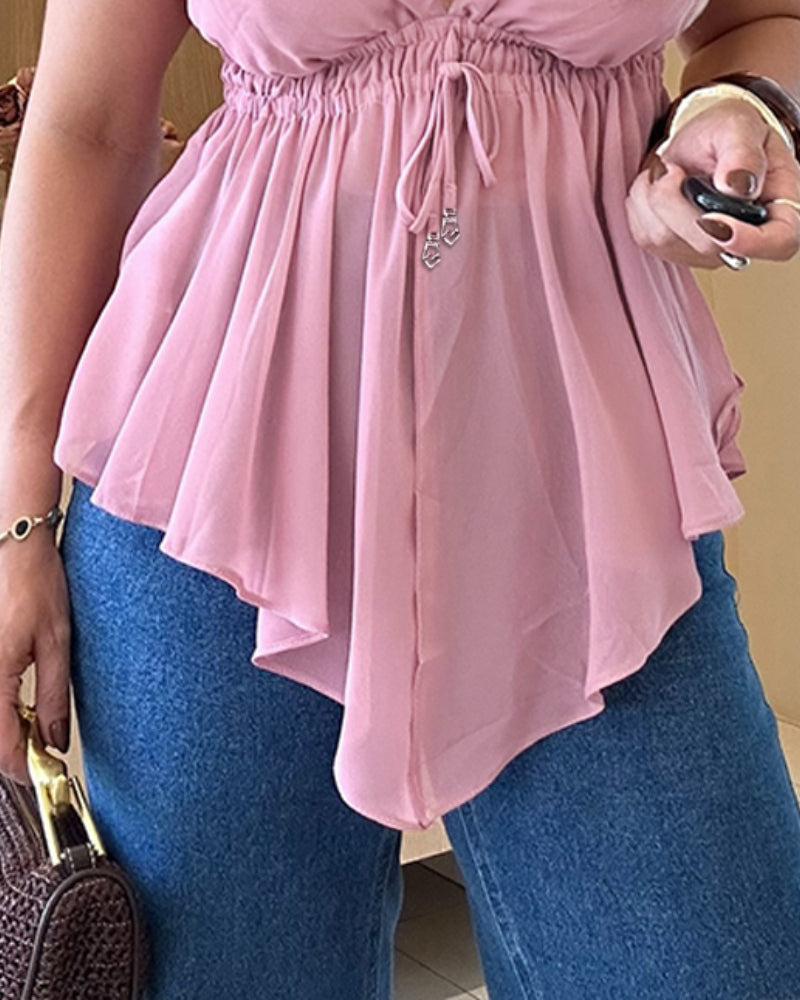 Shoulder Frill Hem Strap Punge V Neck Tank Casual Waist Drawstring Asymmetrical Hem Top