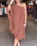 3D Flower Decor One Shoulder Split Sleeve Casual Dress