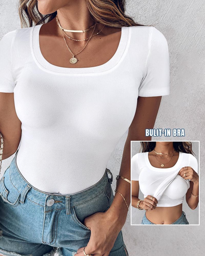 Built in Bra U neck Short Sleeve T shirt Rib knit Top