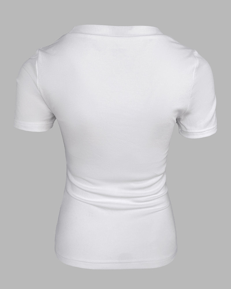 Built in Bra U neck Short Sleeve T shirt Rib knit Top