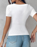 Built in Bra U neck Short Sleeve T shirt Rib knit Top