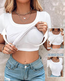 Built in Bra U neck Short Sleeve T shirt Rib knit Top