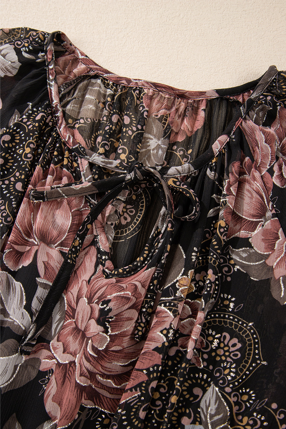 Black Vintage Floral Puff Sleeve V Neck Smock Waist Dress