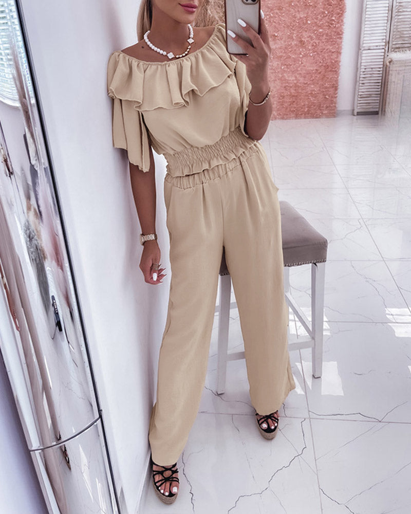 2 Pieces Outfit Off Shoulder Bell Sleeve Shirred Top and Casual Wide Leg Pants Set