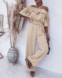 2 Pieces Outfit Off Shoulder Bell Sleeve Shirred Top and Casual Wide Leg Pants Set