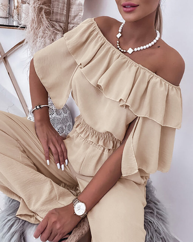 2 Pieces Outfit Off Shoulder Bell Sleeve Shirred Top and Casual Wide Leg Pants Set