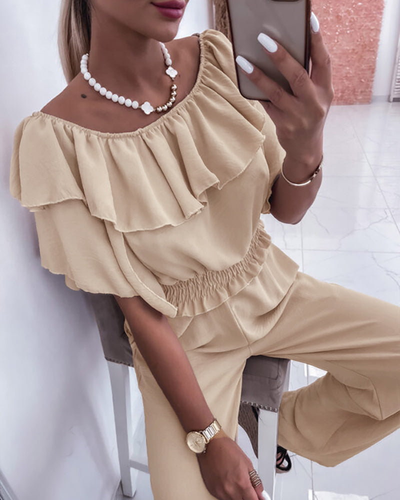 2 Pieces Outfit Off Shoulder Bell Sleeve Shirred Top and Casual Wide Leg Pants Set