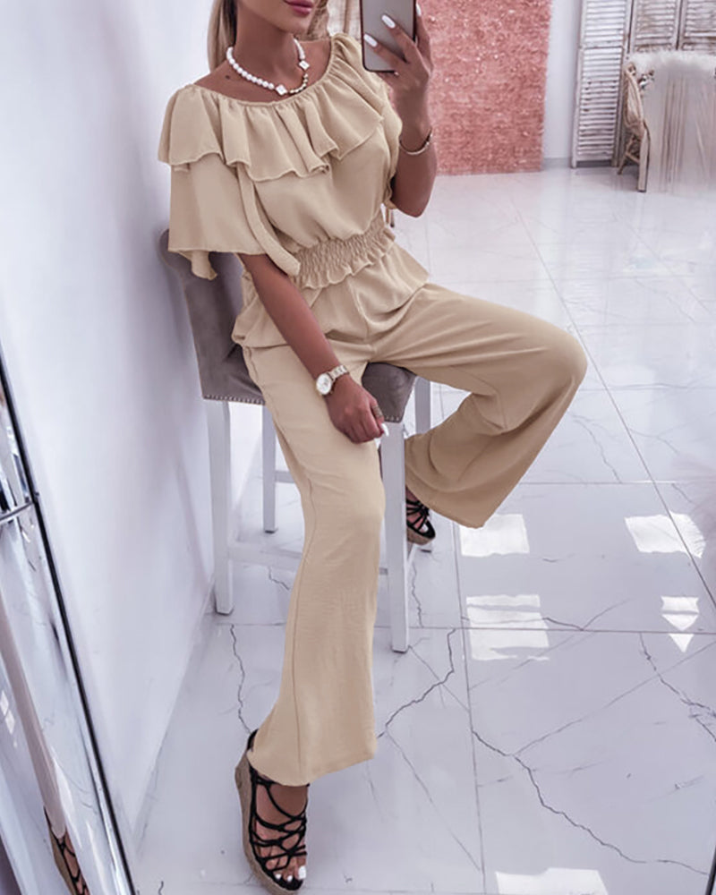 2 Pieces Outfit Off Shoulder Bell Sleeve Shirred Top and Casual Wide Leg Pants Set