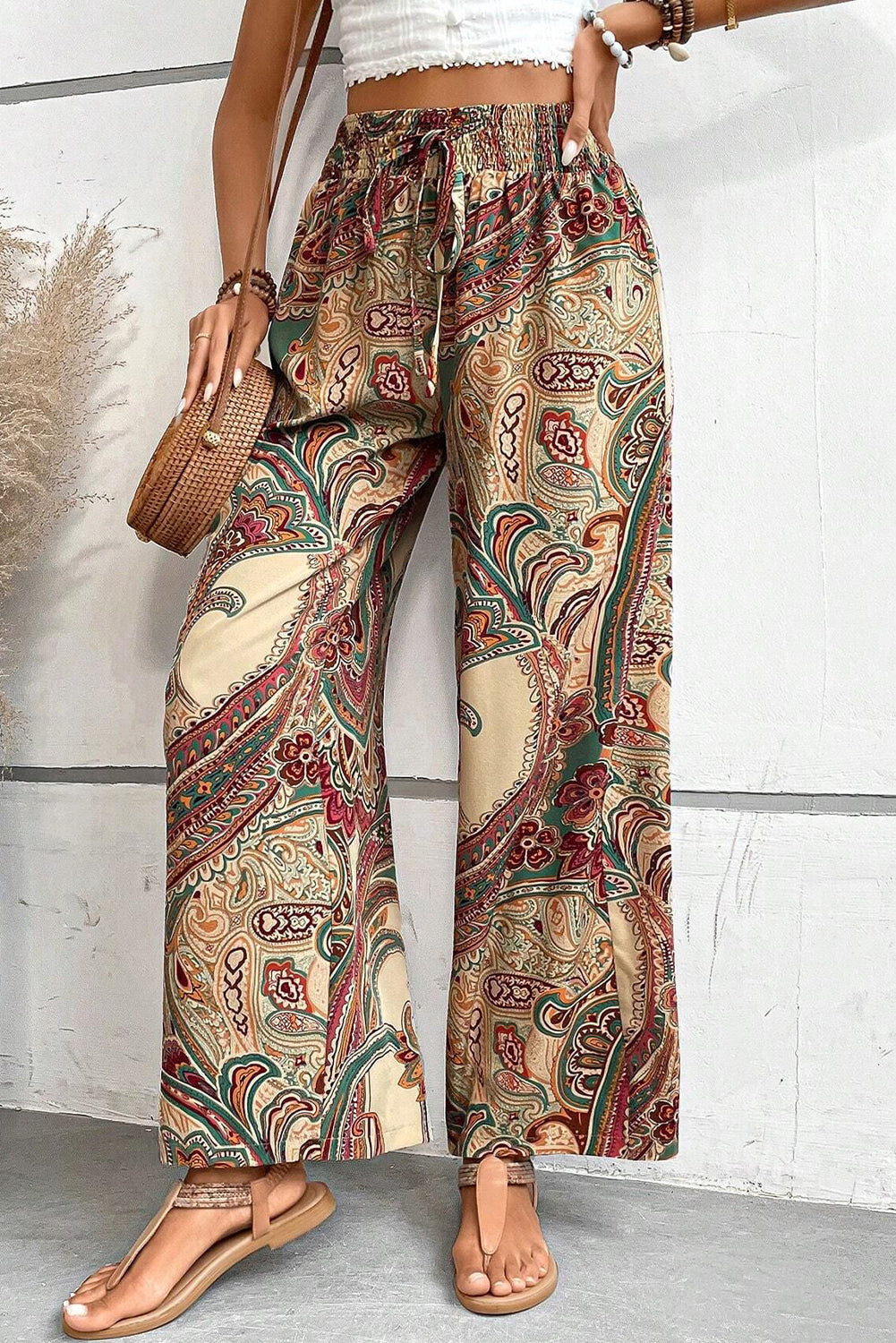 Khaki Paisley Print Boho Elastic Waist Wide Leg Pants