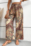 Khaki Paisley Print Boho Elastic Waist Wide Leg Pants