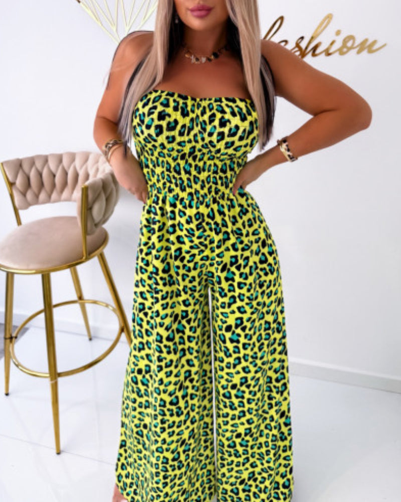 Leopard Print Bandeau Sleeveless Wide Leg Jumpsuit