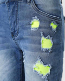 2 In 1 Denim Shorts Colorblock Print Ripped Shorts /w Workout Running Shorts