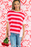 Pink Stripe Patchwork Round Neck Side Split Loose T Shirt
