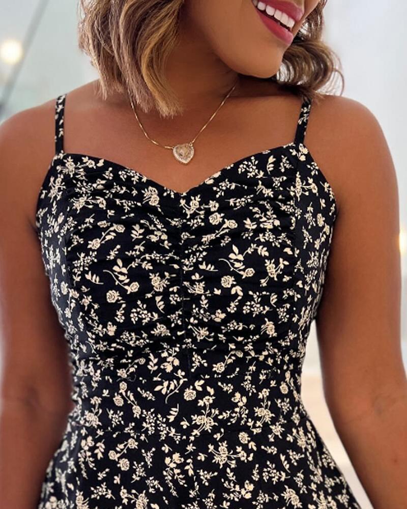 Ditsy Floral V Neck Sleeveless Ruched Cami Jumpsuit Casual Ajustable Back Straps Shirred Romper