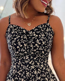 Ditsy Floral V Neck Sleeveless Ruched Cami Jumpsuit Casual Ajustable Back Straps Shirred Romper