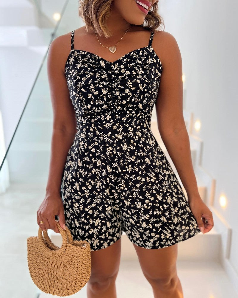Ditsy Floral V Neck Sleeveless Ruched Cami Jumpsuit Casual Ajustable Back Straps Shirred Romper