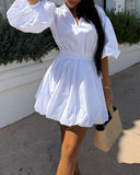 Stand Collar Lantern Sleeve Pullover Mini Dress Casual Strechy Waist A Line Puffy Dress