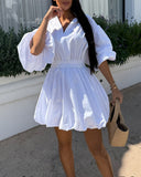 Stand Collar Lantern Sleeve Pullover Mini Dress Casual Strechy Waist A Line Puffy Dress