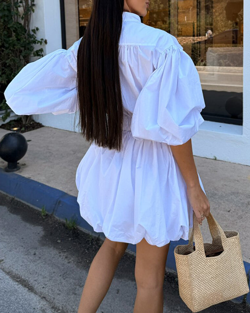 Stand Collar Lantern Sleeve Pullover Mini Dress Casual Strechy Waist A Line Puffy Dress