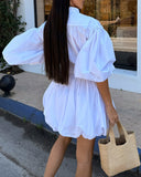 Stand Collar Lantern Sleeve Pullover Mini Dress Casual Strechy Waist A Line Puffy Dress