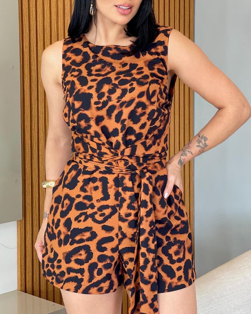 Leopard Print Round Neck Sleeveless Tied Detail Romper
