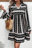 Black Boho Geometric Printed Flared Long Sleeve Mini Dress