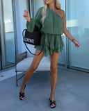 One Shoulder Elastic Neck and Waist Overalls Casual Tied Waist Ruffle Hem Romper