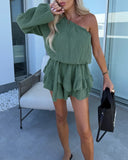 One Shoulder Elastic Neck and Waist Overalls Casual Tied Waist Ruffle Hem Romper