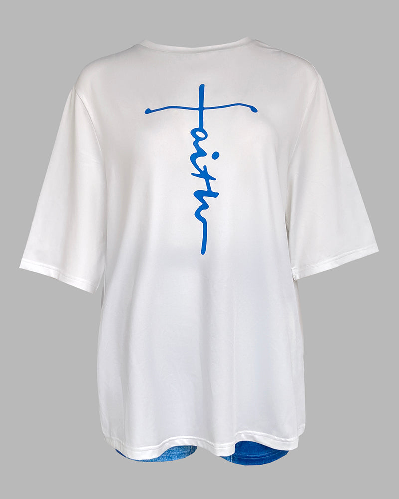 2 Pieces Outfit Faith Print Round Neck Short Sleeve Top and Denim Look Print Shorts Set