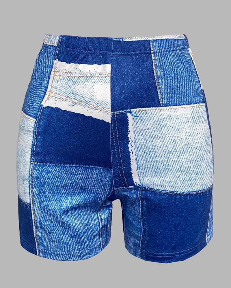 2 Pieces Outfit Faith Print Round Neck Short Sleeve Top and Denim Look Print Shorts Set