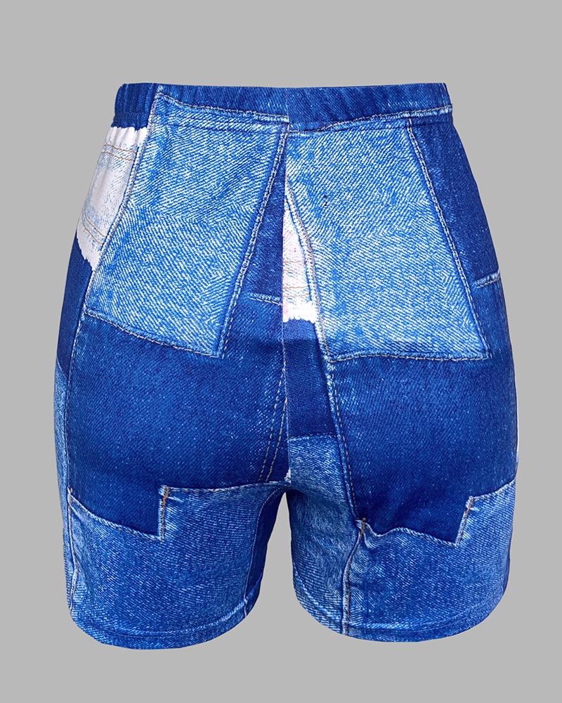 2 Pieces Outfit Faith Print Round Neck Short Sleeve Top and Denim Look Print Shorts Set