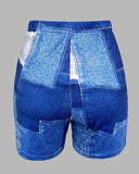 2 Pieces Outfit Faith Print Round Neck Short Sleeve Top and Denim Look Print Shorts Set