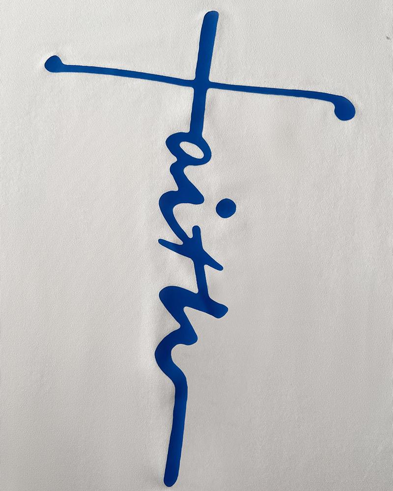 2 Pieces Outfit Faith Print Round Neck Short Sleeve Top and Denim Look Print Shorts Set